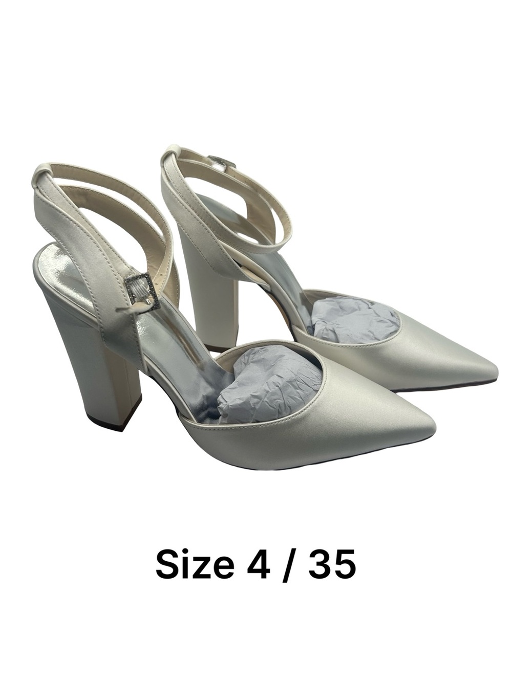 Women's Satin Pointed Toe Block Heel Pumps with Ankle Strap - White - size 4